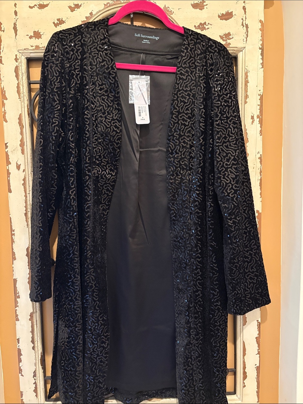 Soft Surroundings Black Sequin Open-Front Long Jacket